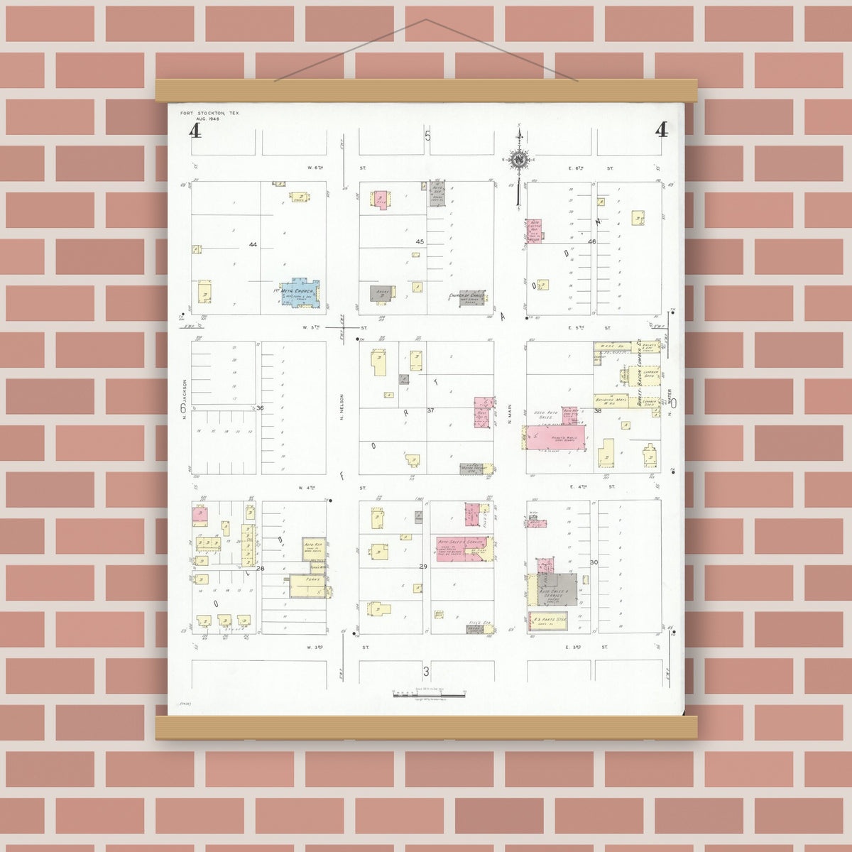 Old map wall art mockup — magnetic wood frame on brick wall — Sanborn Fire Insurance Map from Fort Stockton, Pecos County, Texas (1946), Sheet #0004