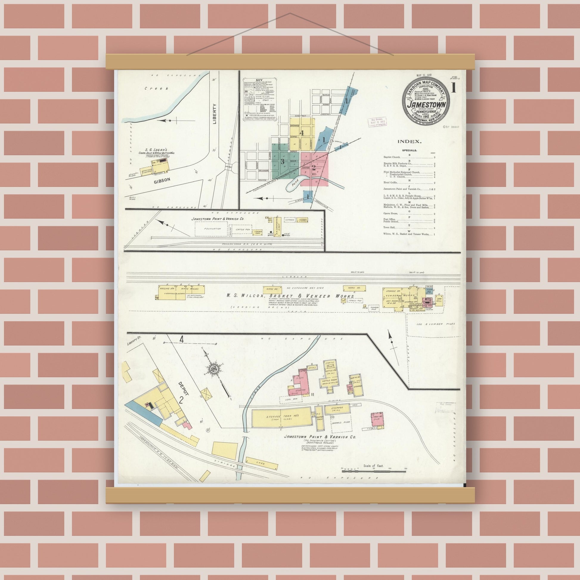 Old map wall art mockup — magnetic wood frame on brick wall — Sanborn Fire Insurance Map from Jamestown, Mercer County, Pennsylvania (1912) - Complete Map Set