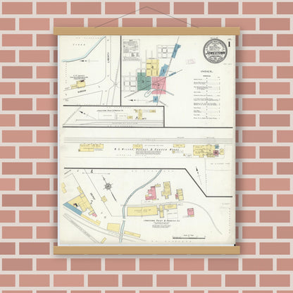 Old map wall art mockup — magnetic wood frame on brick wall — Sanborn Fire Insurance Map from Jamestown, Mercer County, Pennsylvania (1912) - Complete Map Set