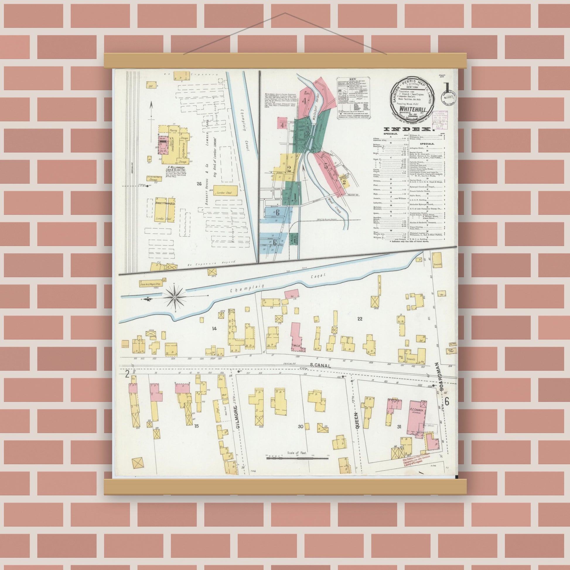 Old map wall art mockup — magnetic wood frame on brick wall — Sanborn Fire Insurance Map from Whitehall, Washington County, New York (1901), Sheet #0001