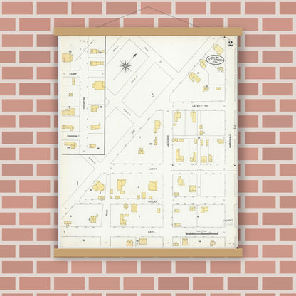Old map wall art mockup — magnetic wood frame on brick wall — Sanborn Fire Insurance Map from Jefferson, Marion County, Texas (1906), Sheet #0002