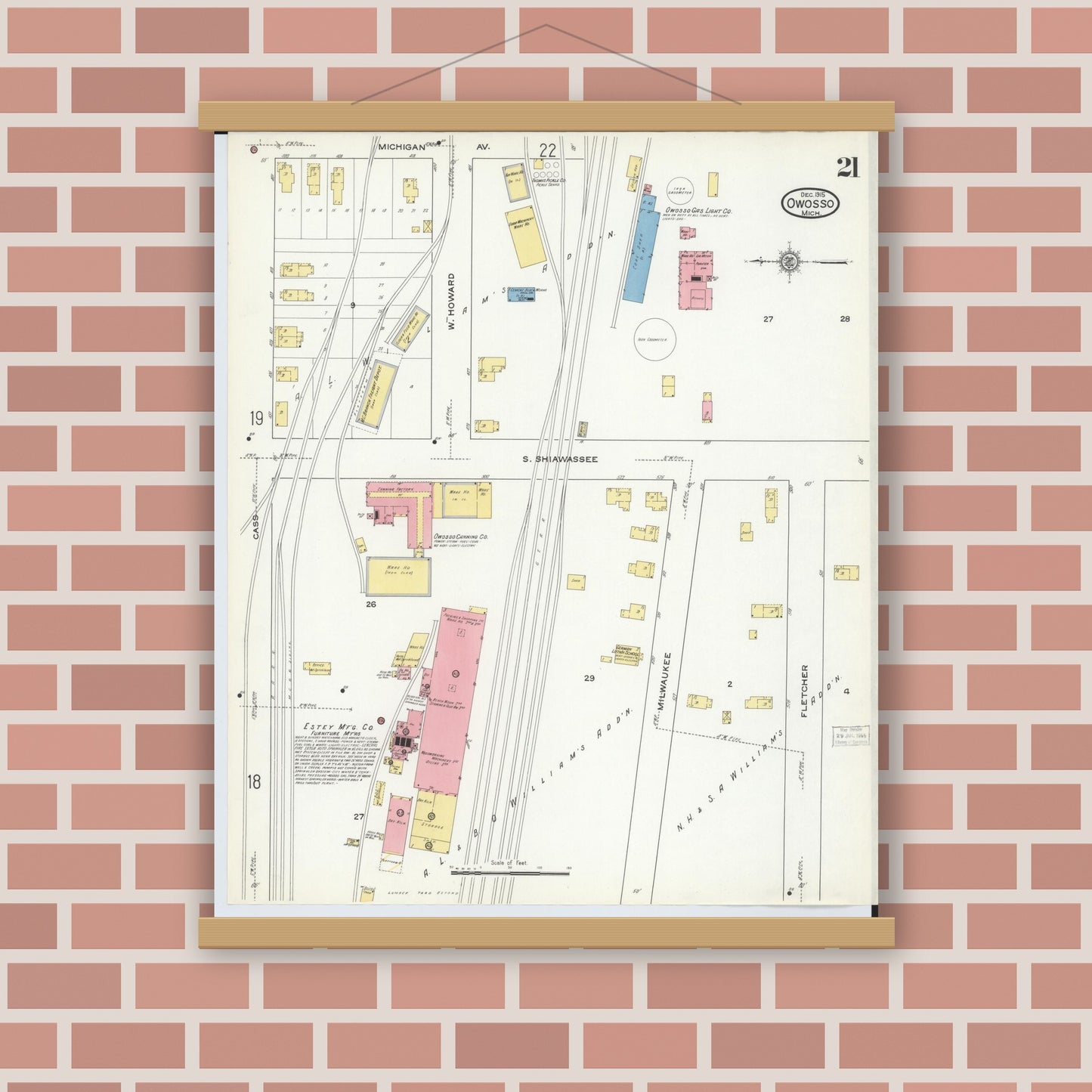 Old map wall art mockup — magnetic wood frame on brick wall — Sanborn Fire Insurance Map from Owosso, Shiawassee County, Michigan (1915), Sheet #0021