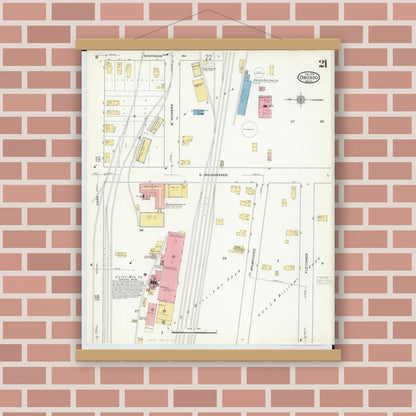 Old map wall art mockup — magnetic wood frame on brick wall — Sanborn Fire Insurance Map from Owosso, Shiawassee County, Michigan (1915), Sheet #0021