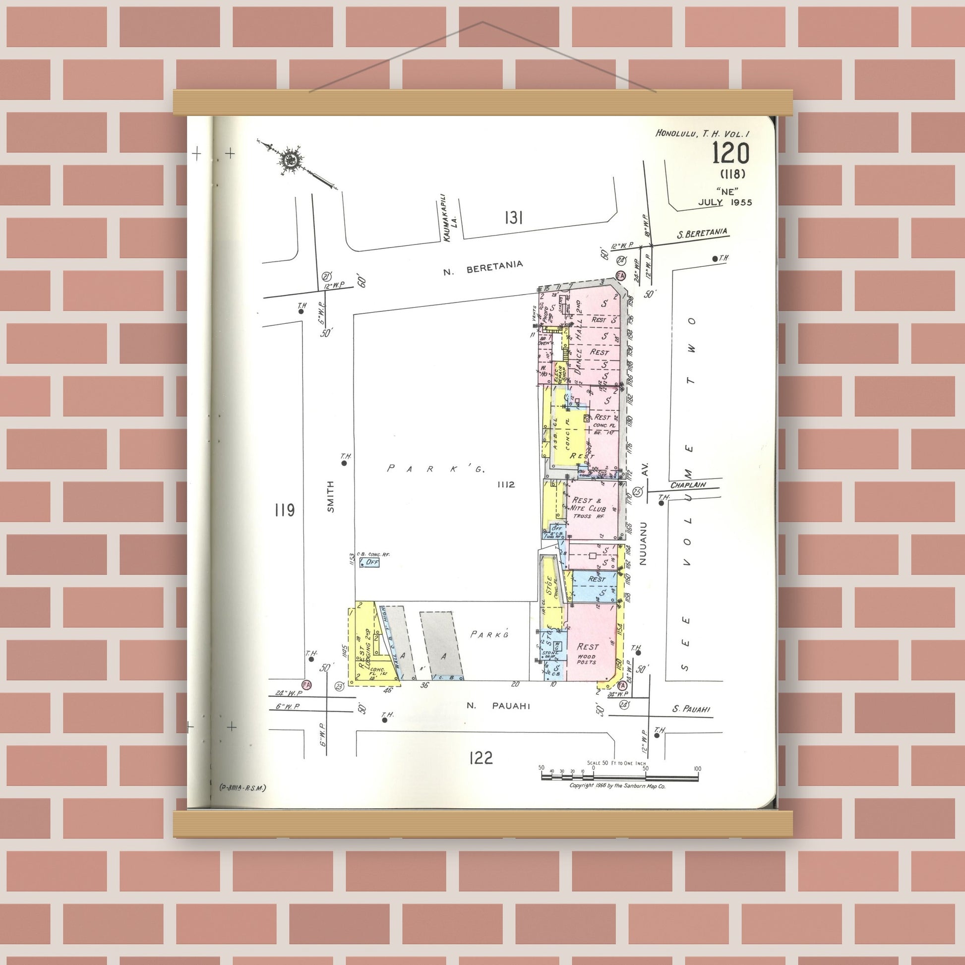 Old map wall art mockup — magnetic wood frame on brick wall — Sanborn Fire Insurance Map from Honolulu, Oahu County, Hawaii (1955), Sheet #0120