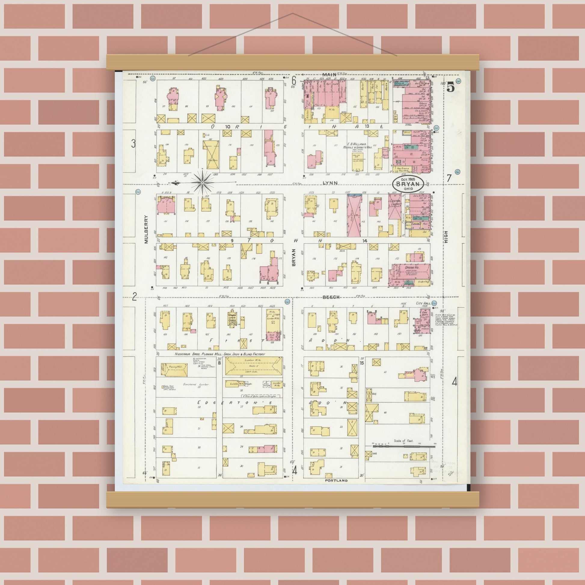 Old map wall art mockup — magnetic wood frame on brick wall — Sanborn Fire Insurance Map from Bryan, Williams County, Ohio (1905), Sheet #0005