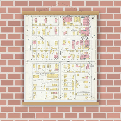 Old map wall art mockup — magnetic wood frame on brick wall — Sanborn Fire Insurance Map from Bryan, Williams County, Ohio (1905), Sheet #0005