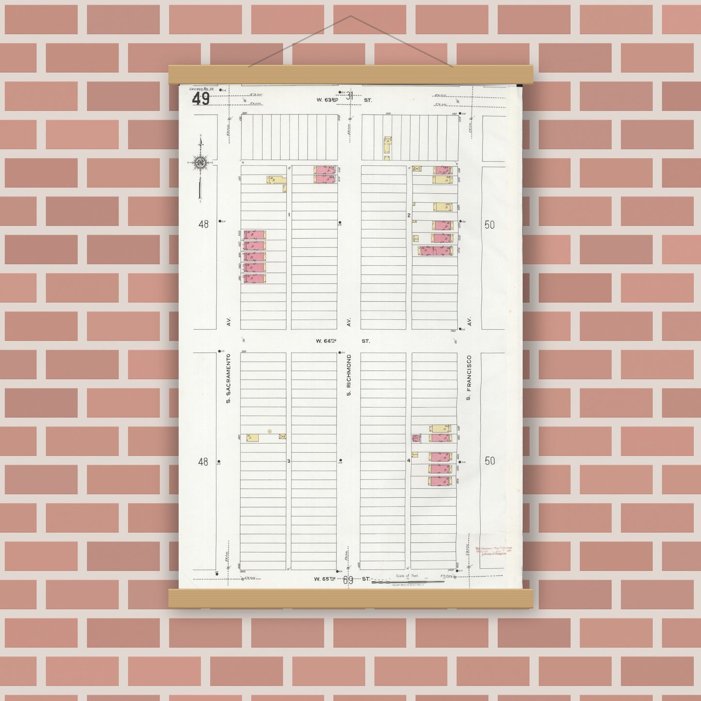 Old map wall art mockup — magnetic wood frame on brick wall — Sanborn Fire Insurance Map from Chicago, Cook County, Illinois (1920), Sheet #0049