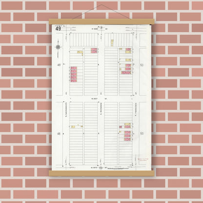 Old map wall art mockup — magnetic wood frame on brick wall — Sanborn Fire Insurance Map from Chicago, Cook County, Illinois (1920), Sheet #0049