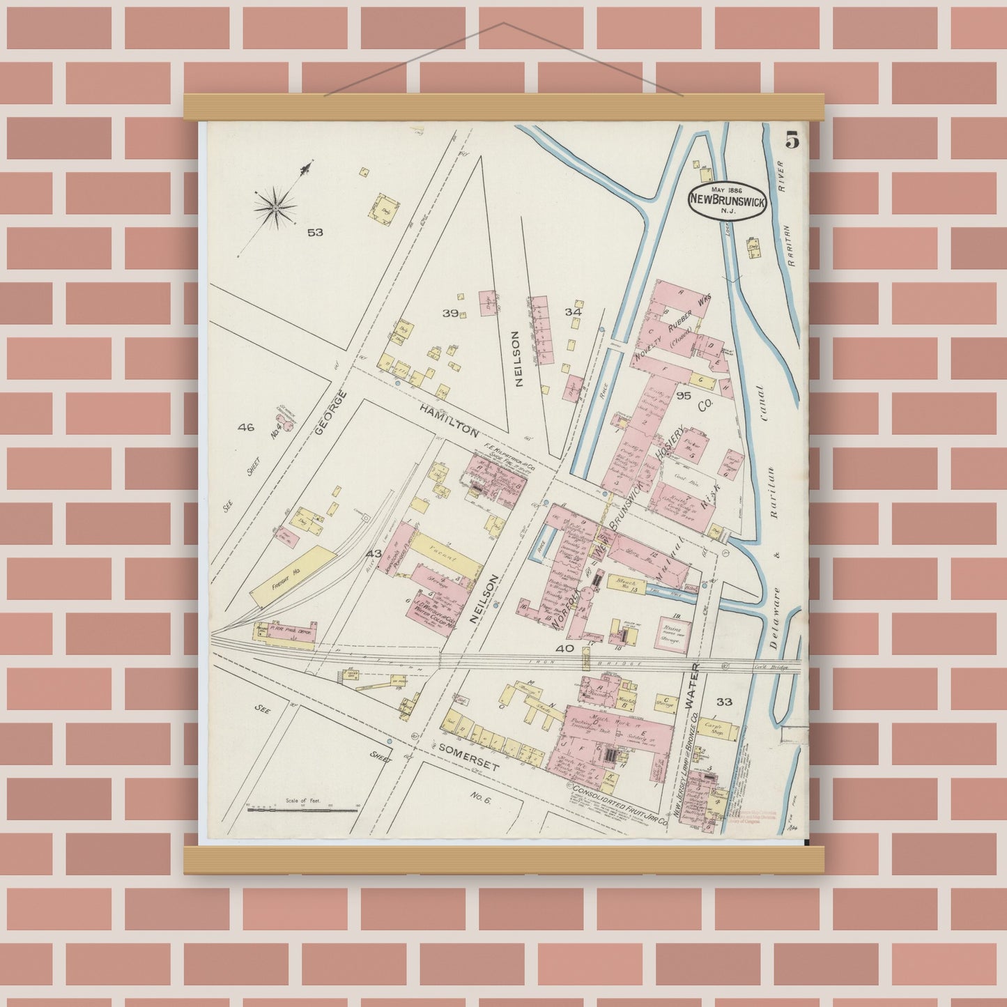 Old map wall art mockup — magnetic wood frame on brick wall — Sanborn Fire Insurance Map from New Brunswick, Middlesex County, New Jersey (1886), Sheet #0005