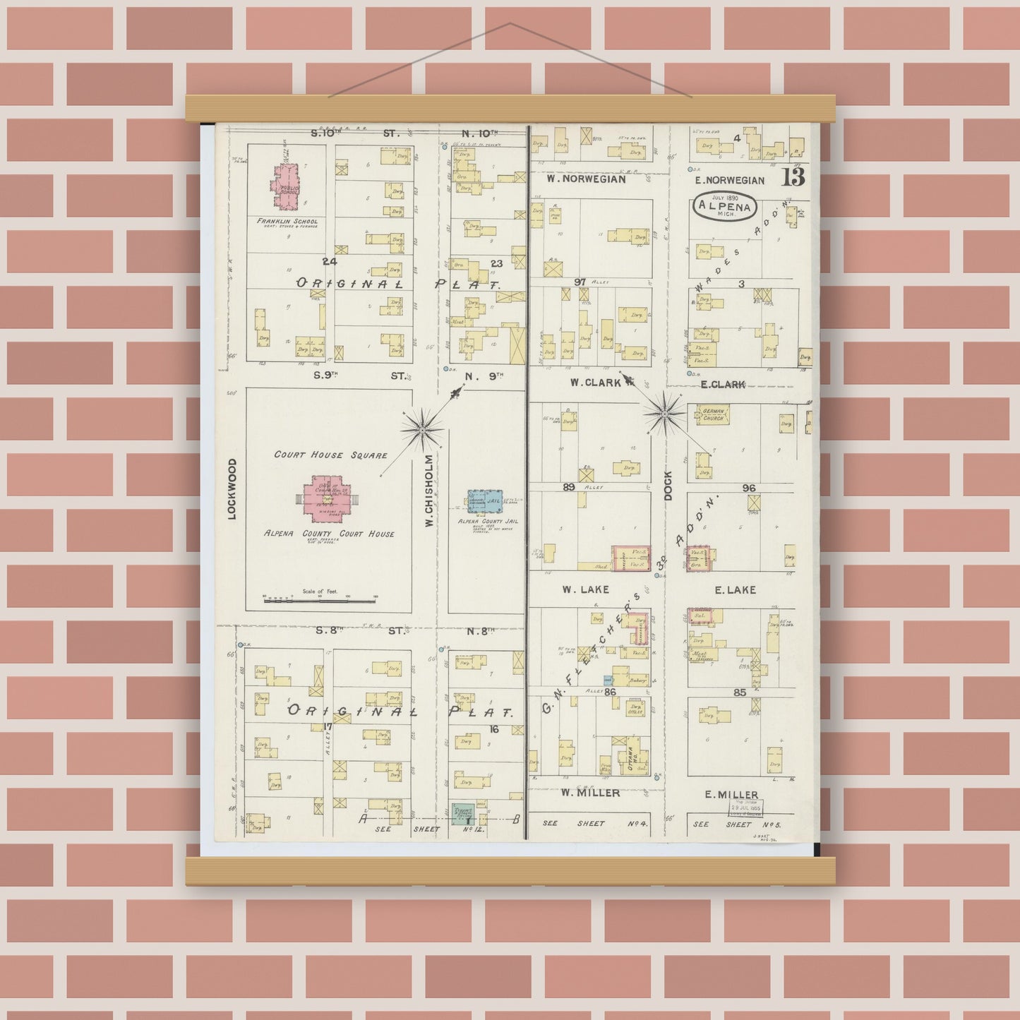 Old map wall art mockup — magnetic wood frame on brick wall — Sanborn Fire Insurance Map from Alpena, Alpena County, Michigan (1890), Sheet #0013