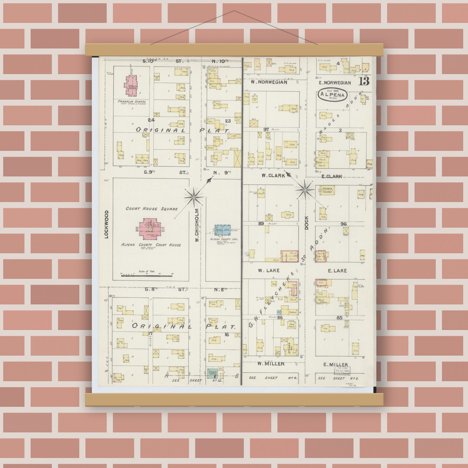 Old map wall art mockup — magnetic wood frame on brick wall — Sanborn Fire Insurance Map from Alpena, Alpena County, Michigan (1890), Sheet #0013