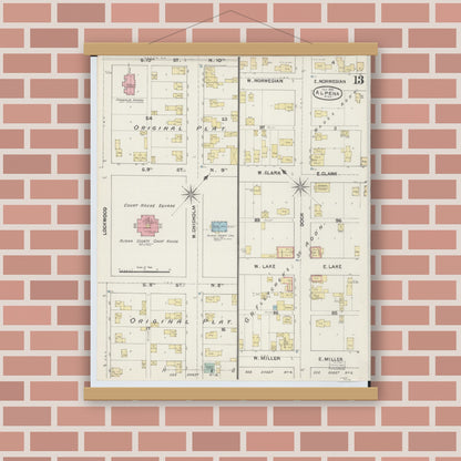 Old map wall art mockup — magnetic wood frame on brick wall — Sanborn Fire Insurance Map from Alpena, Alpena County, Michigan (1890), Sheet #0013
