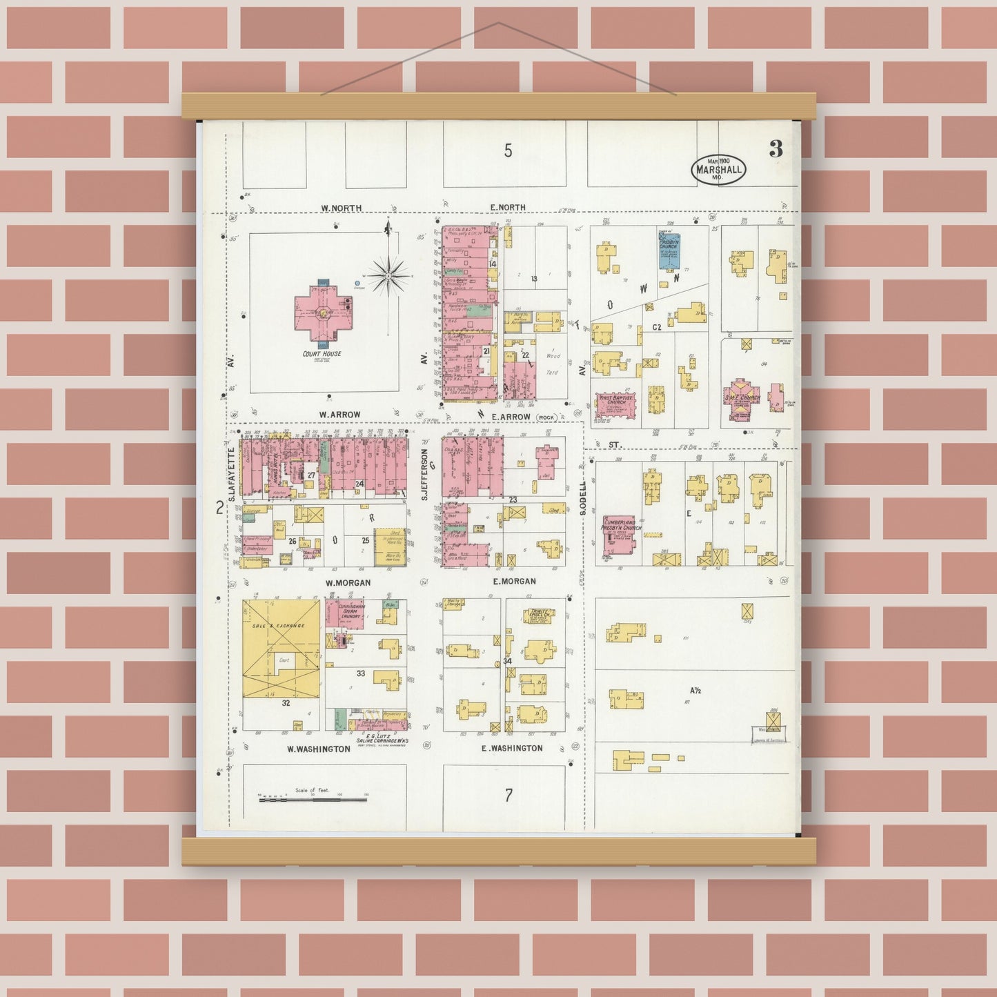 Old map wall art mockup — magnetic wood frame on brick wall — Sanborn Fire Insurance Map from Marshall, Saline County, Missouri (1900), Sheet #0003