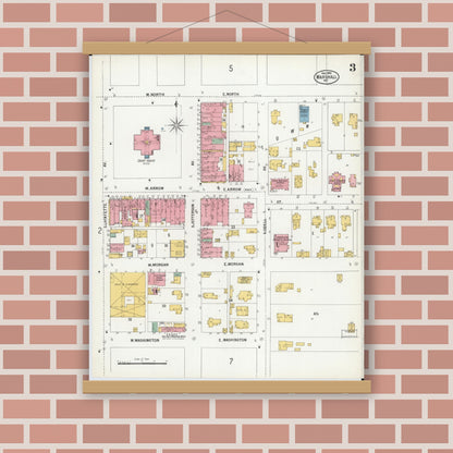 Old map wall art mockup — magnetic wood frame on brick wall — Sanborn Fire Insurance Map from Marshall, Saline County, Missouri (1900), Sheet #0003
