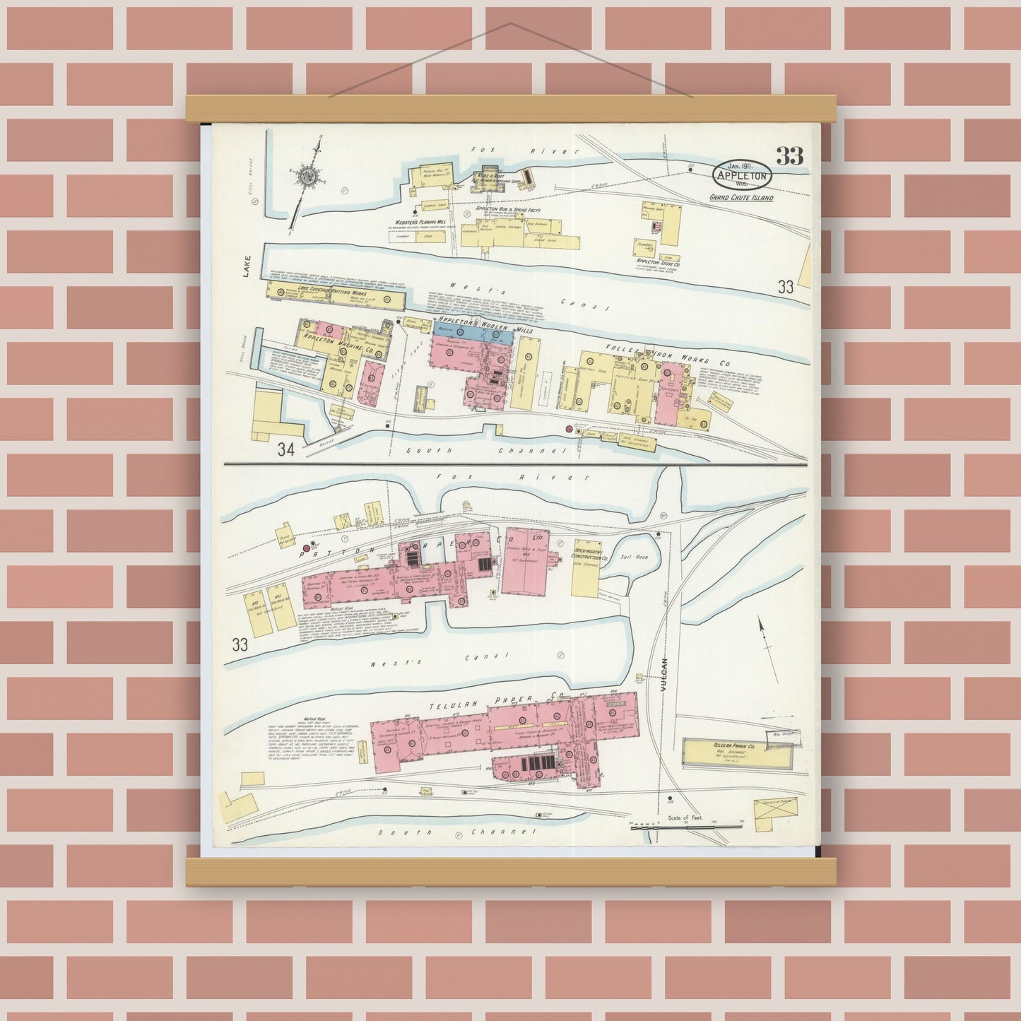 Old map wall art mockup — magnetic wood frame on brick wall — Sanborn Fire Insurance Map from Appleton, Outagamie County, Wisconsin (1911), Sheet #0033