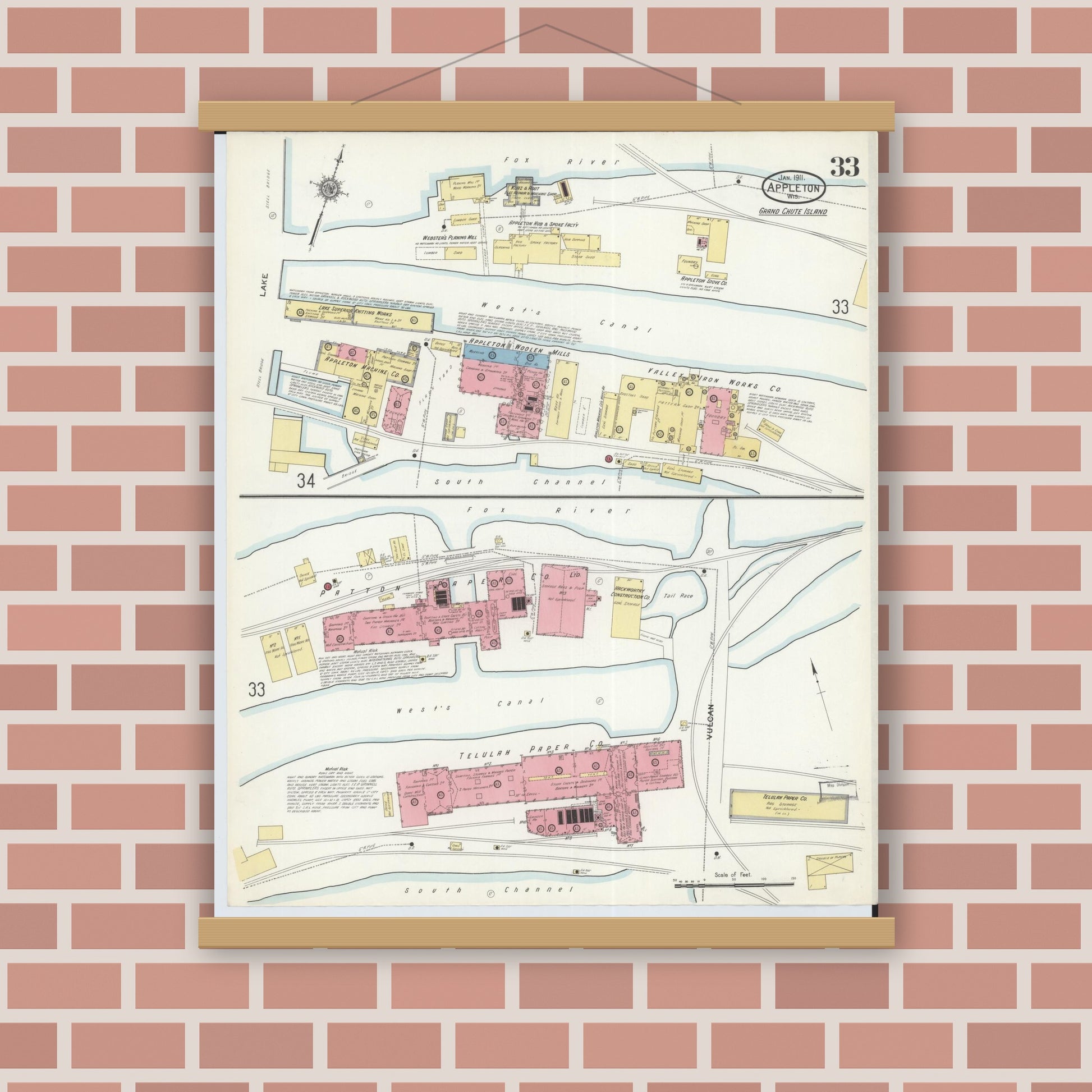 Old map wall art mockup — magnetic wood frame on brick wall — Sanborn Fire Insurance Map from Appleton, Outagamie County, Wisconsin (1911), Sheet #0033