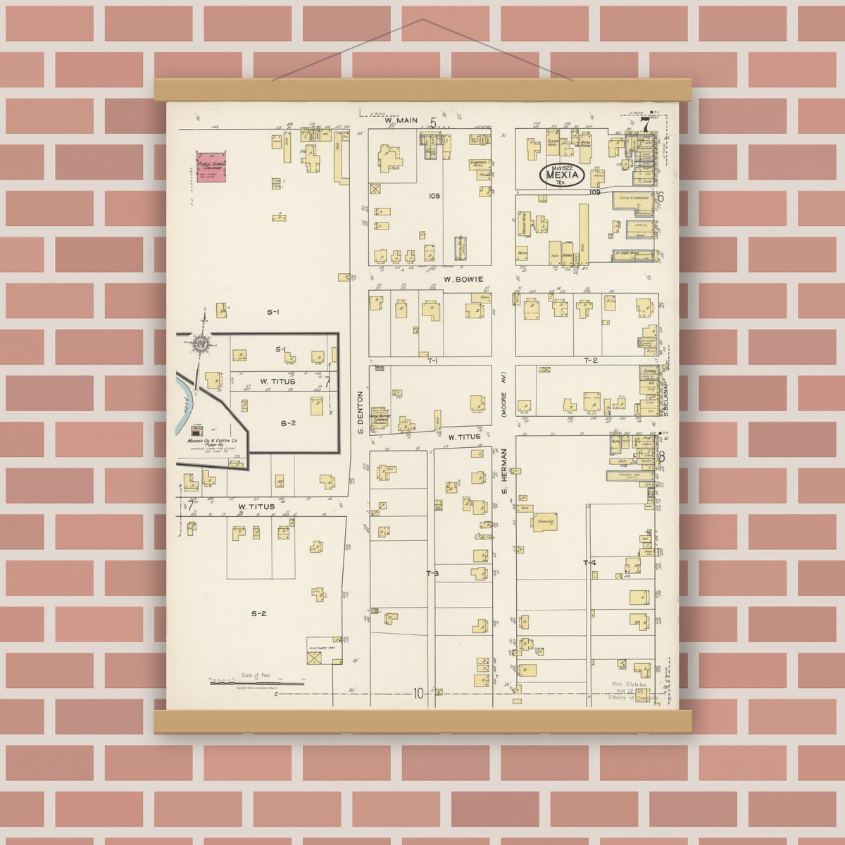 Old map wall art mockup — magnetic wood frame on brick wall — Sanborn Fire Insurance Map from Mexia, Limestone County, Texas (1922), Sheet #0007