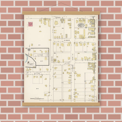 Old map wall art mockup — magnetic wood frame on brick wall — Sanborn Fire Insurance Map from Mexia, Limestone County, Texas (1922), Sheet #0007