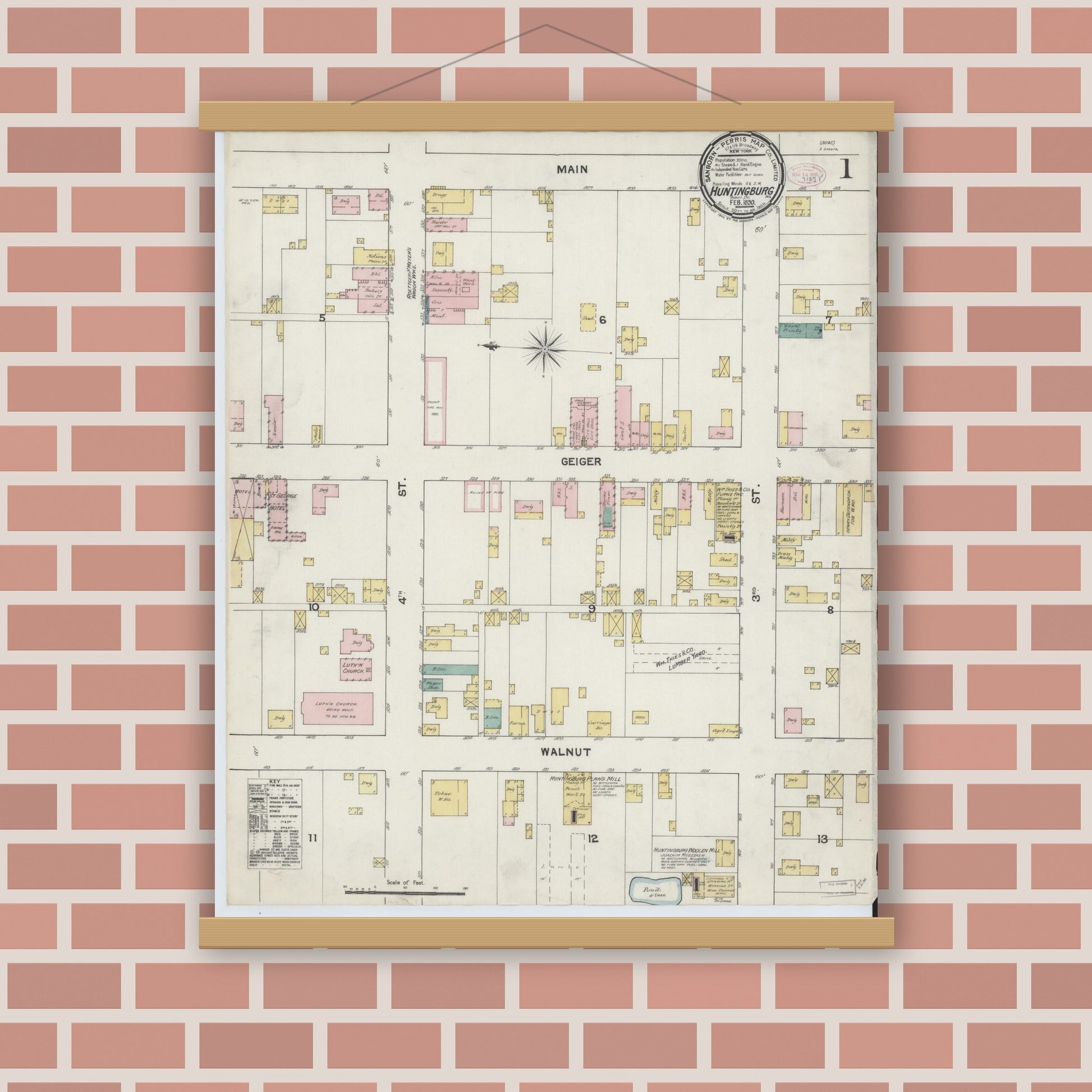Old map wall art mockup — magnetic wood frame on brick wall — Sanborn Fire Insurance Map from Huntingburg, Dubois County, Indiana (1890) - Complete Map Set