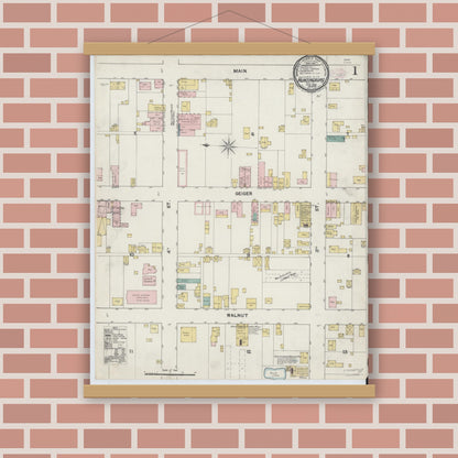 Old map wall art mockup — magnetic wood frame on brick wall — Sanborn Fire Insurance Map from Huntingburg, Dubois County, Indiana (1890) - Complete Map Set