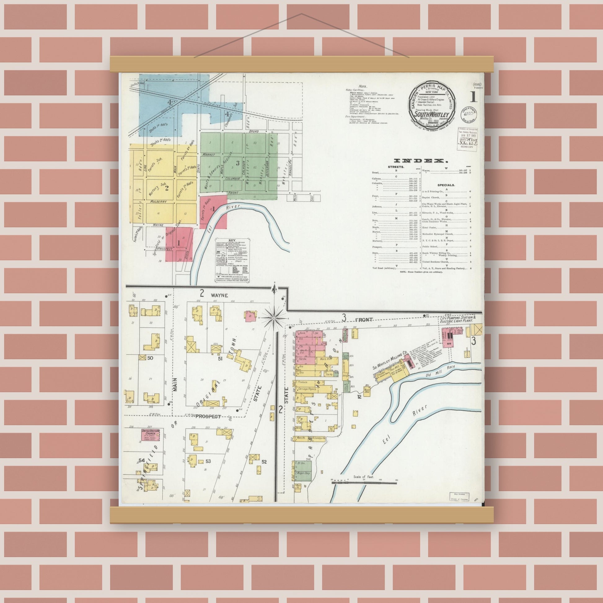 Old map wall art mockup — magnetic wood frame on brick wall — Sanborn Fire Insurance Map from South Whitley, Whitley County, Indiana (1900) - Complete Map Set