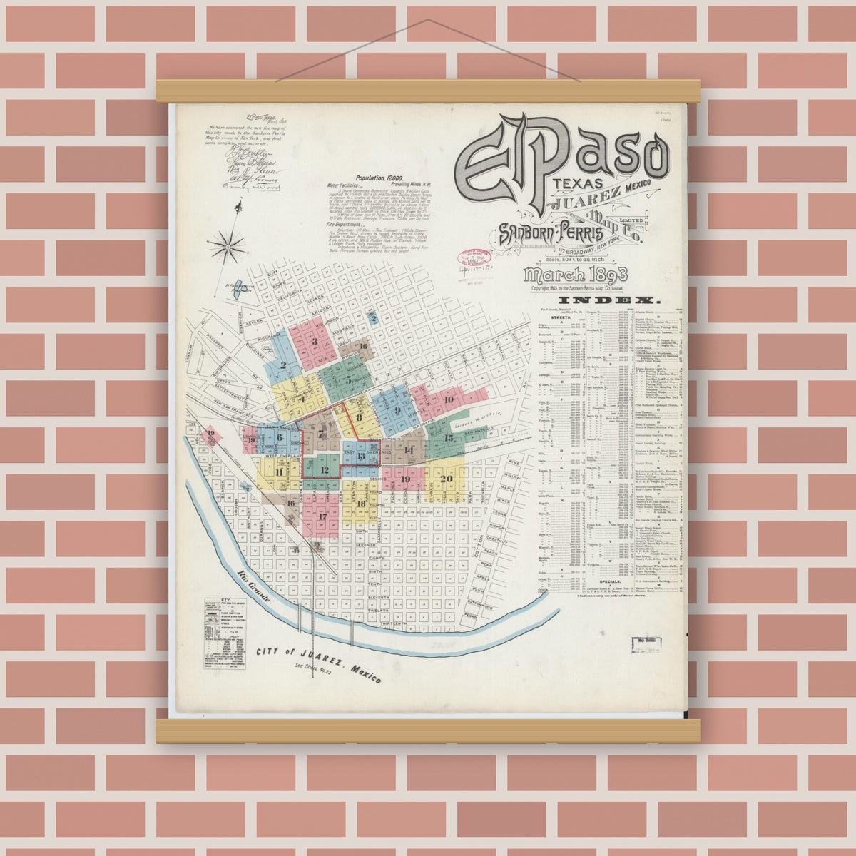 Old map wall art mockup — magnetic wood frame on brick wall — Sanborn Fire Insurance Map from El Paso, El Paso County, Texas (1893) - Complete Map Set