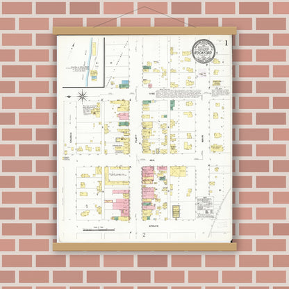 Old map wall art mockup — magnetic wood frame on brick wall — Sanborn Fire Insurance Map from Rockford, Floyd County, Iowa (1909) â€” Complete Set