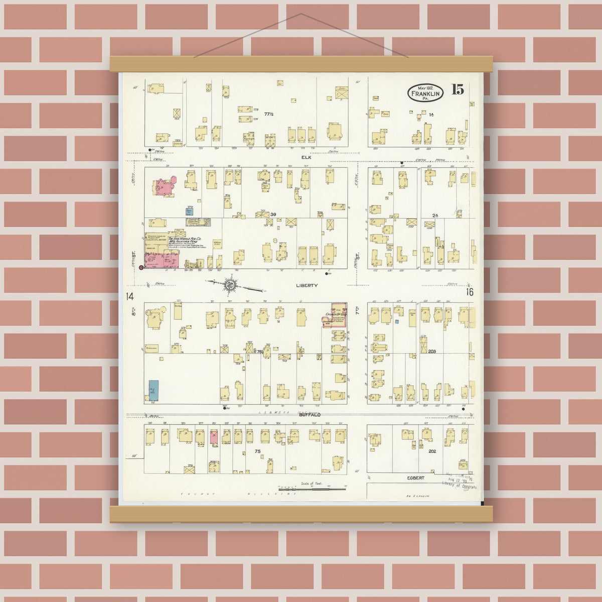 Old map wall art mockup — magnetic wood frame on brick wall — Sanborn Fire Insurance Map from Franklin, Venango County, Pennsylvania (1912), Sheet #0015