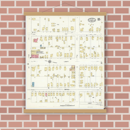 Old map wall art mockup — magnetic wood frame on brick wall — Sanborn Fire Insurance Map from Franklin, Venango County, Pennsylvania (1912), Sheet #0015