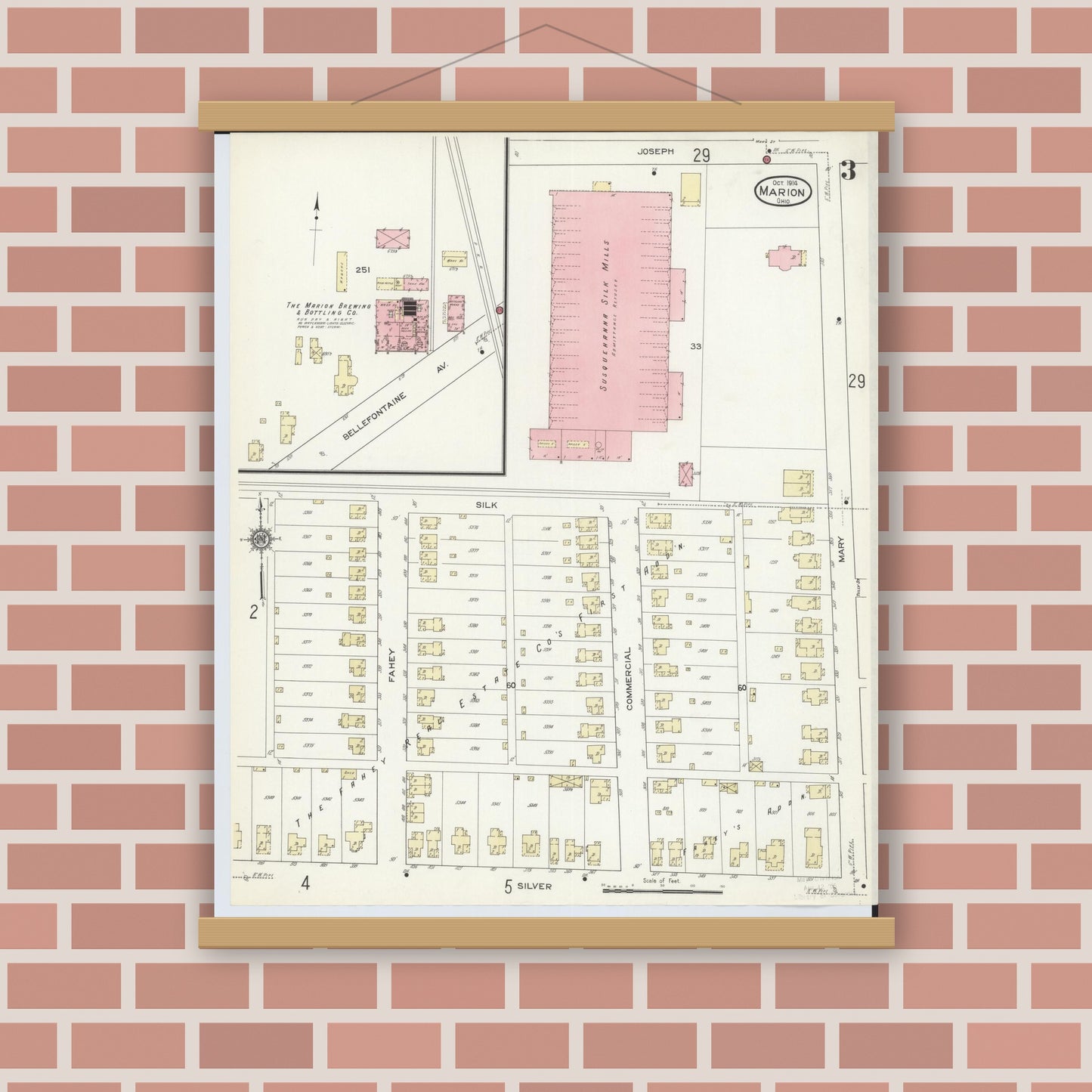 Old map wall art mockup — magnetic wood frame on brick wall — Sanborn Fire Insurance Map from Marion, Marion County, Ohio (1914), Sheet #0003