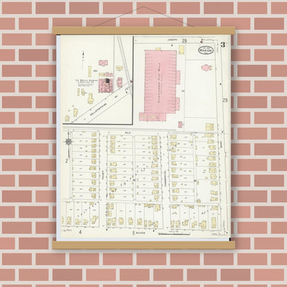 Old map wall art mockup — magnetic wood frame on brick wall — Sanborn Fire Insurance Map from Marion, Marion County, Ohio (1914), Sheet #0003