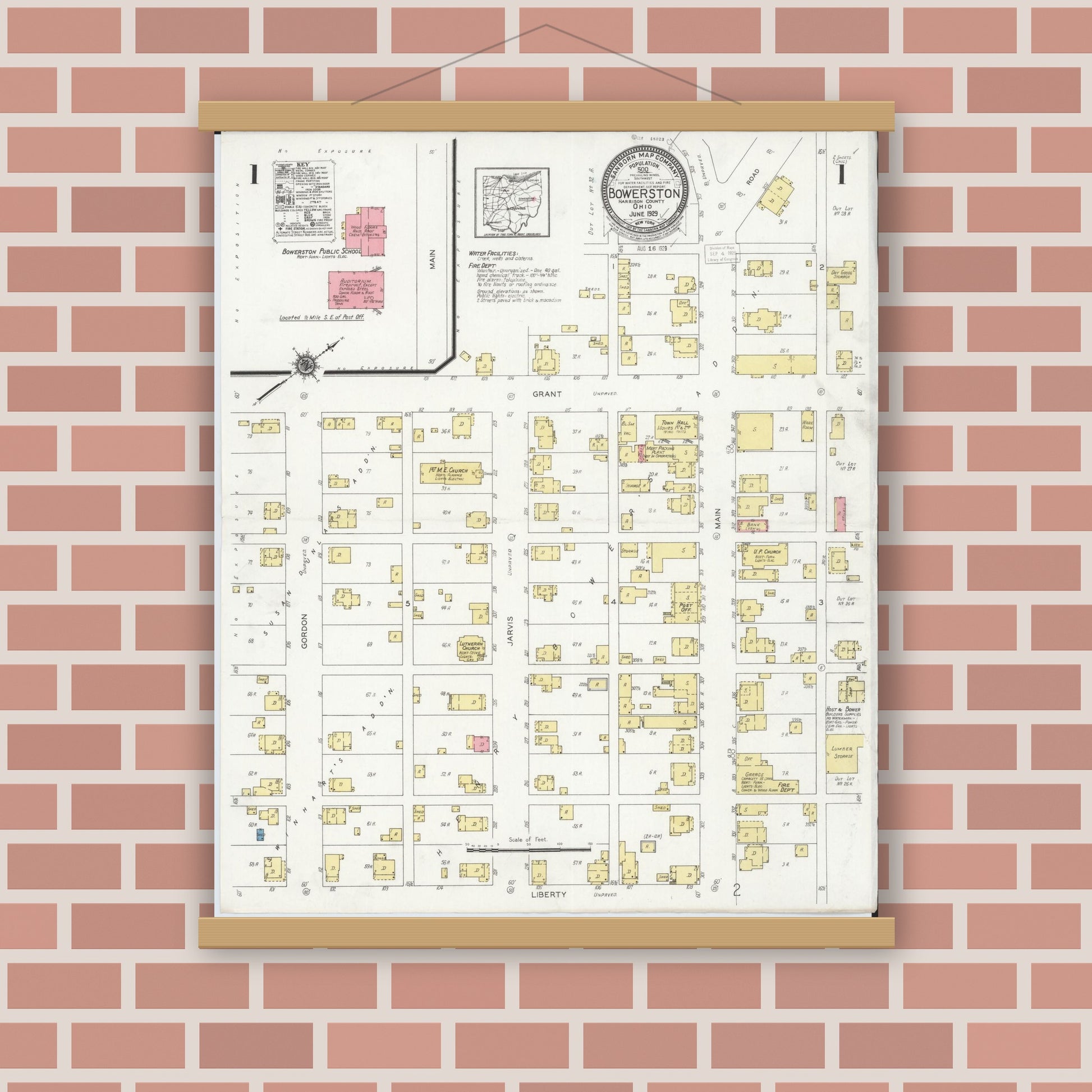 Old map wall art mockup — magnetic wood frame on brick wall — Sanborn Fire Insurance Map from Bowerston, Harrison County, Ohio (1929), Sheet #0001