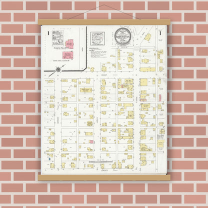 Old map wall art mockup — magnetic wood frame on brick wall — Sanborn Fire Insurance Map from Bowerston, Harrison County, Ohio (1929), Sheet #0001