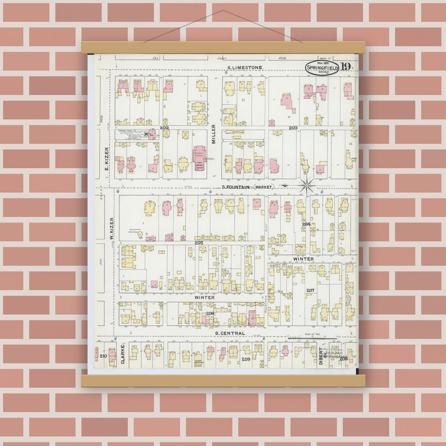 Old map wall art mockup — magnetic wood frame on brick wall — Sanborn Fire Insurance Map from Springfield, Clark County, Ohio (1891), Sheet #0019