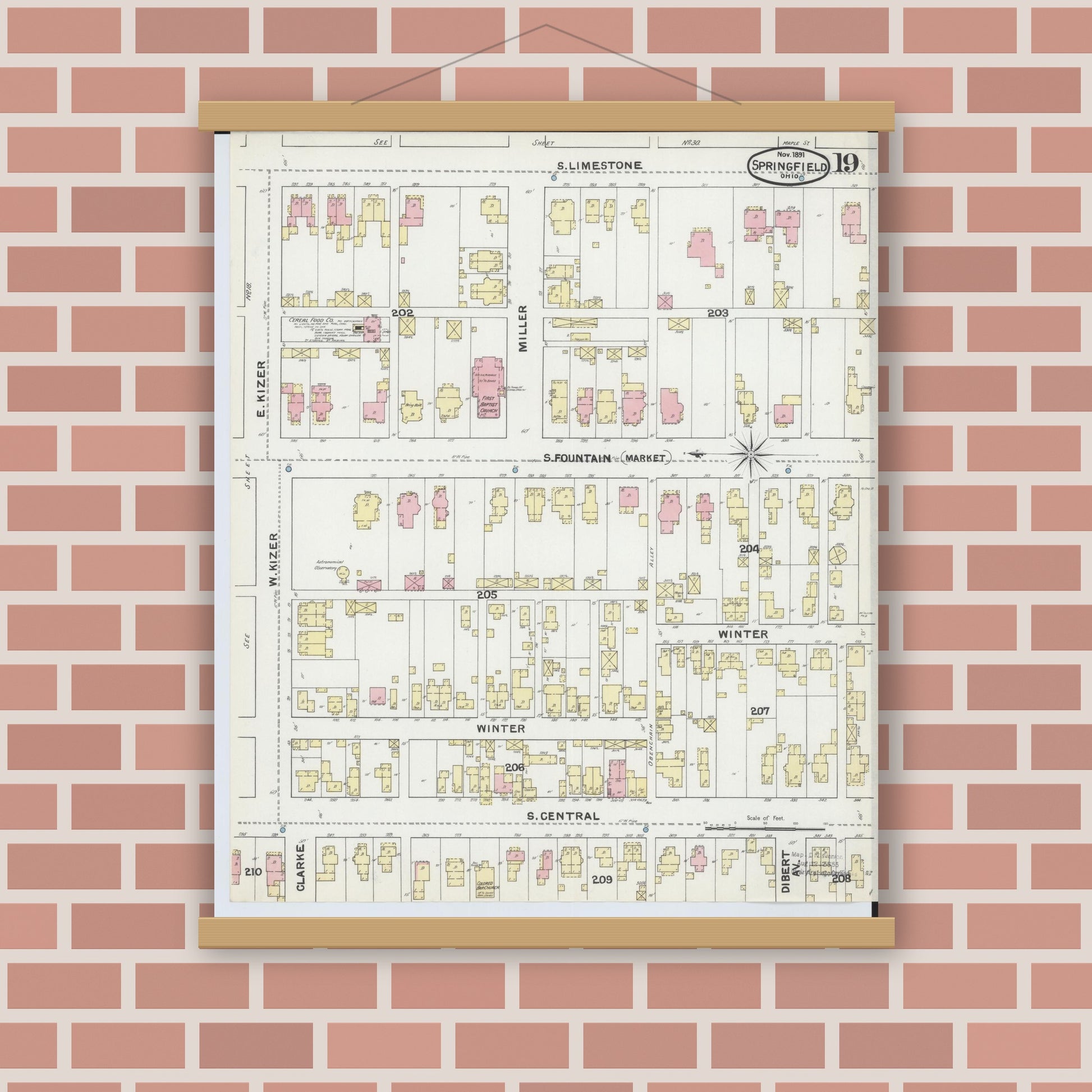 Old map wall art mockup — magnetic wood frame on brick wall — Sanborn Fire Insurance Map from Springfield, Clark County, Ohio (1891), Sheet #0019