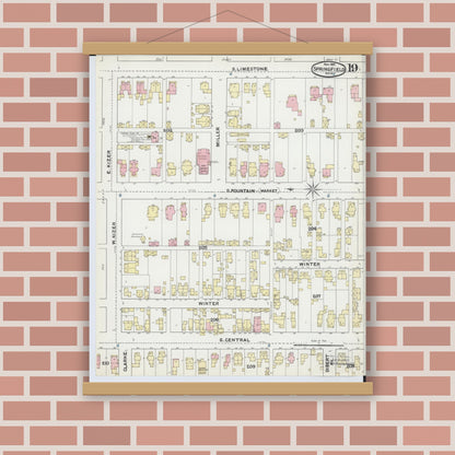 Old map wall art mockup — magnetic wood frame on brick wall — Sanborn Fire Insurance Map from Springfield, Clark County, Ohio (1891), Sheet #0019