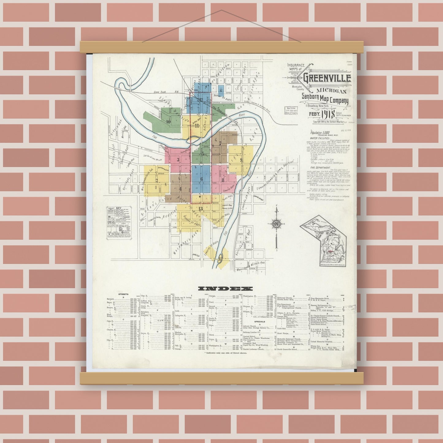 Old map wall art mockup — magnetic wood frame on brick wall — Sanborn Fire Insurance Map from Greenville, Montcalm County, Michigan (1918) - Complete Map Set