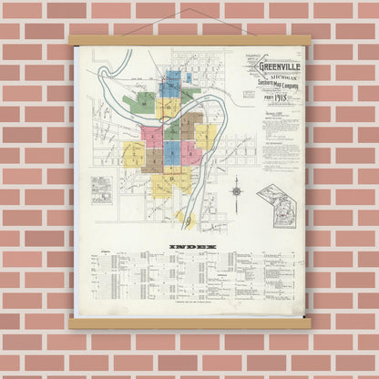 Old map wall art mockup — magnetic wood frame on brick wall — Sanborn Fire Insurance Map from Greenville, Montcalm County, Michigan (1918) - Complete Map Set