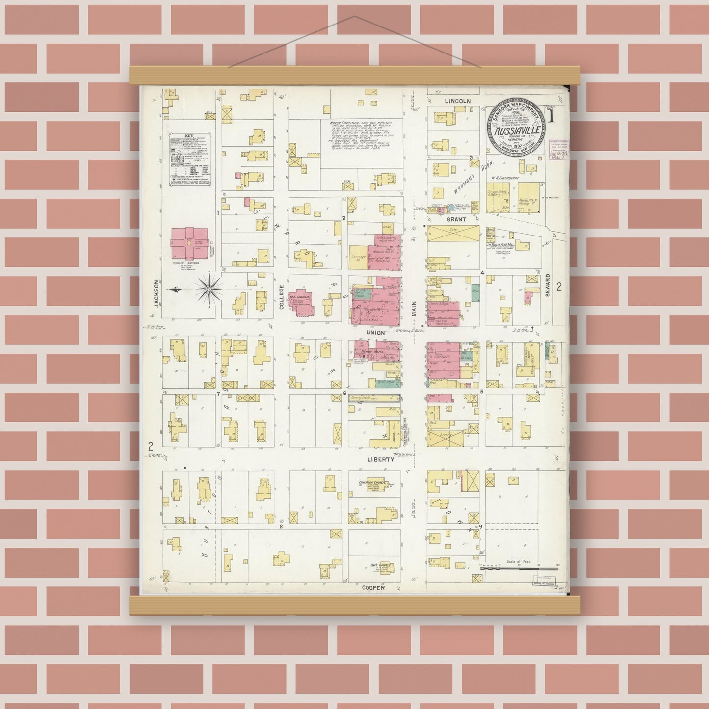 Old map wall art mockup — magnetic wood frame on brick wall — Sanborn Fire Insurance Map from Russiaville, Howard County, Indiana (1907) - Complete Map Set
