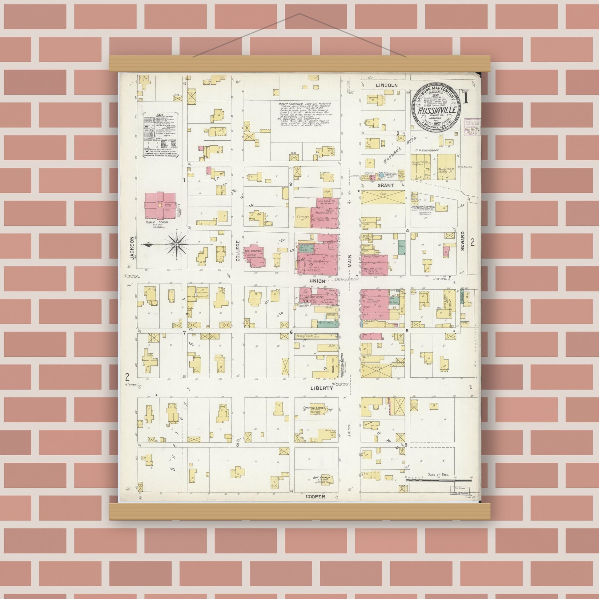 Old map wall art mockup — magnetic wood frame on brick wall — Sanborn Fire Insurance Map from Russiaville, Howard County, Indiana (1907) - Complete Map Set