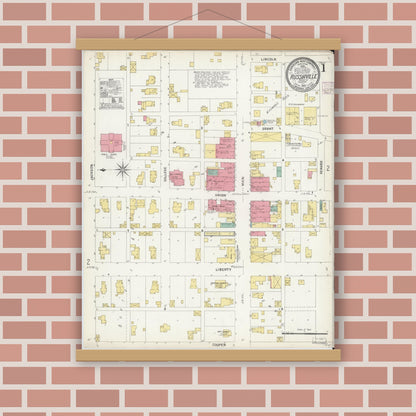 Old map wall art mockup — magnetic wood frame on brick wall — Sanborn Fire Insurance Map from Russiaville, Howard County, Indiana (1907) - Complete Map Set