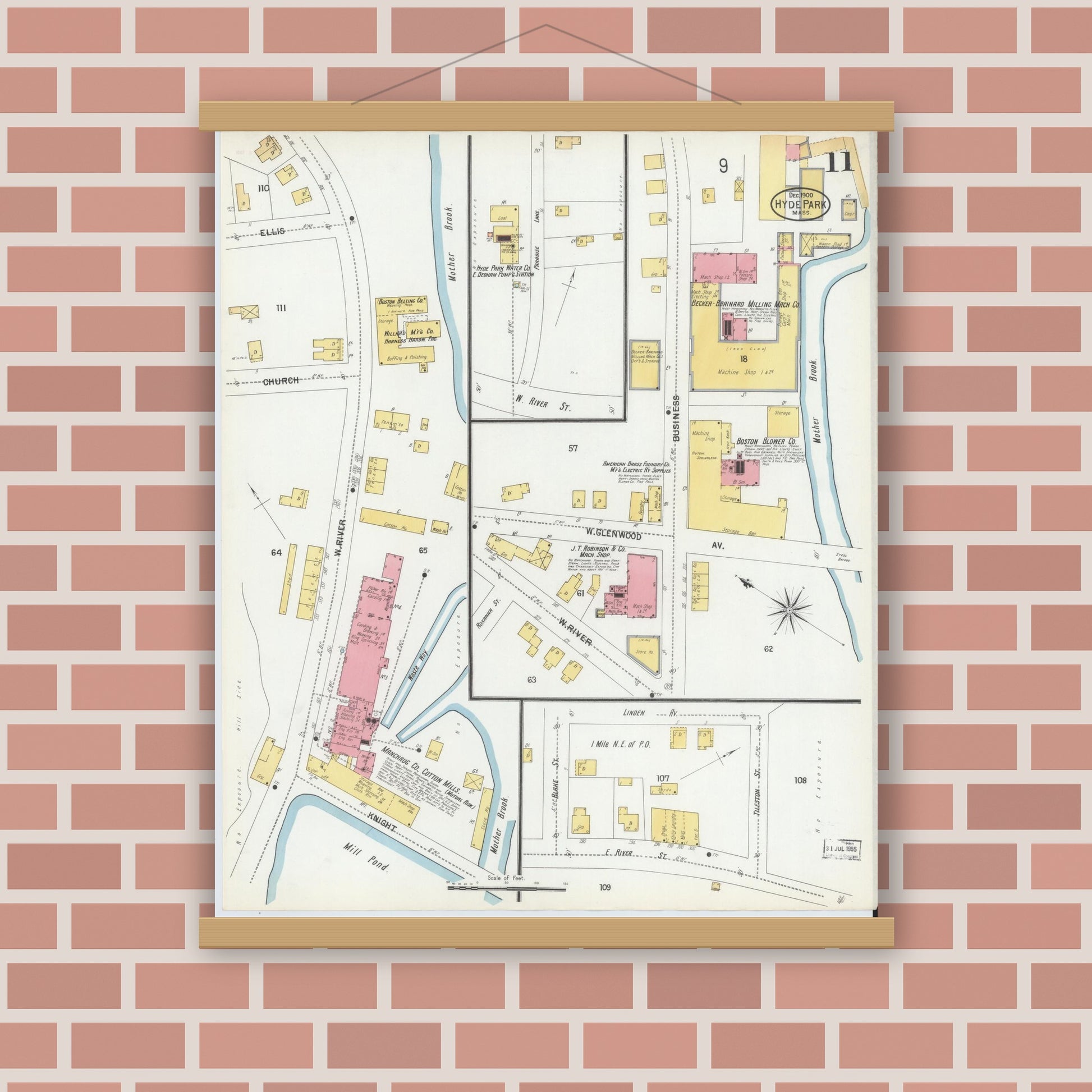 Old map wall art mockup — magnetic wood frame on brick wall — Sanborn Fire Insurance Map from Hyde Park, Norfolk County, Massachusetts (1900), Sheet #0011