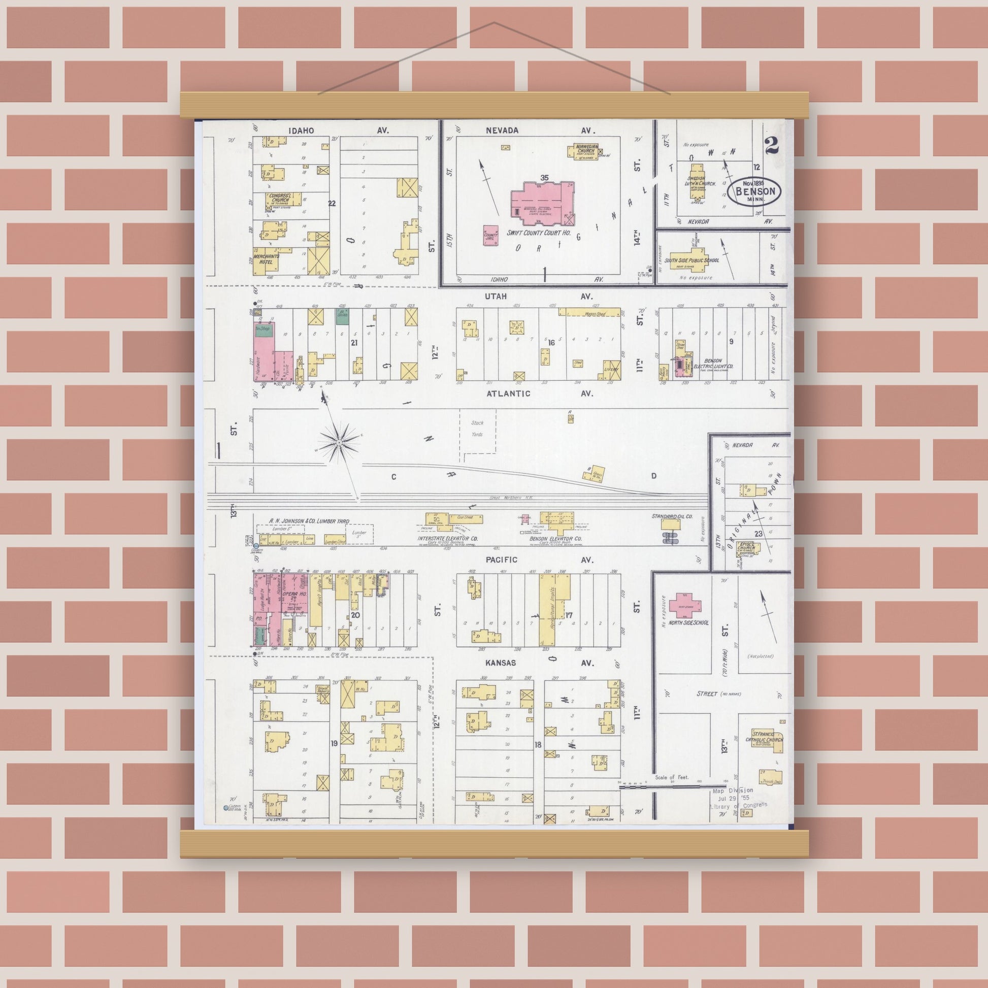 Old map wall art mockup — magnetic wood frame on brick wall — Sanborn Fire Insurance Map from Benson, Swift County, Minnesota (1899), Sheet #0002
