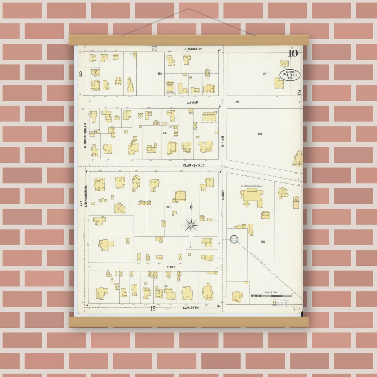 Old map wall art mockup — magnetic wood frame on brick wall — Sanborn Fire Insurance Map from Paris, Lamar County, Texas (1902), Sheet #0010