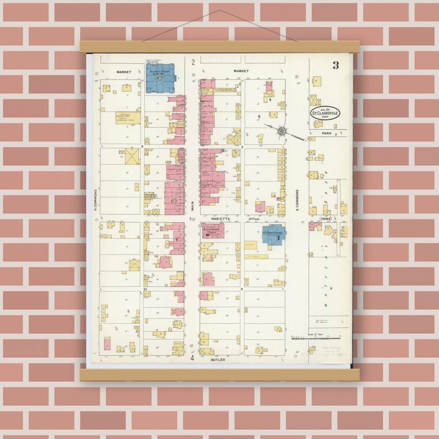 Old map wall art mockup — magnetic wood frame on brick wall — Sanborn Fire Insurance Map from Saint Clairsville, Belmont County, Ohio (1911), Sheet #0003