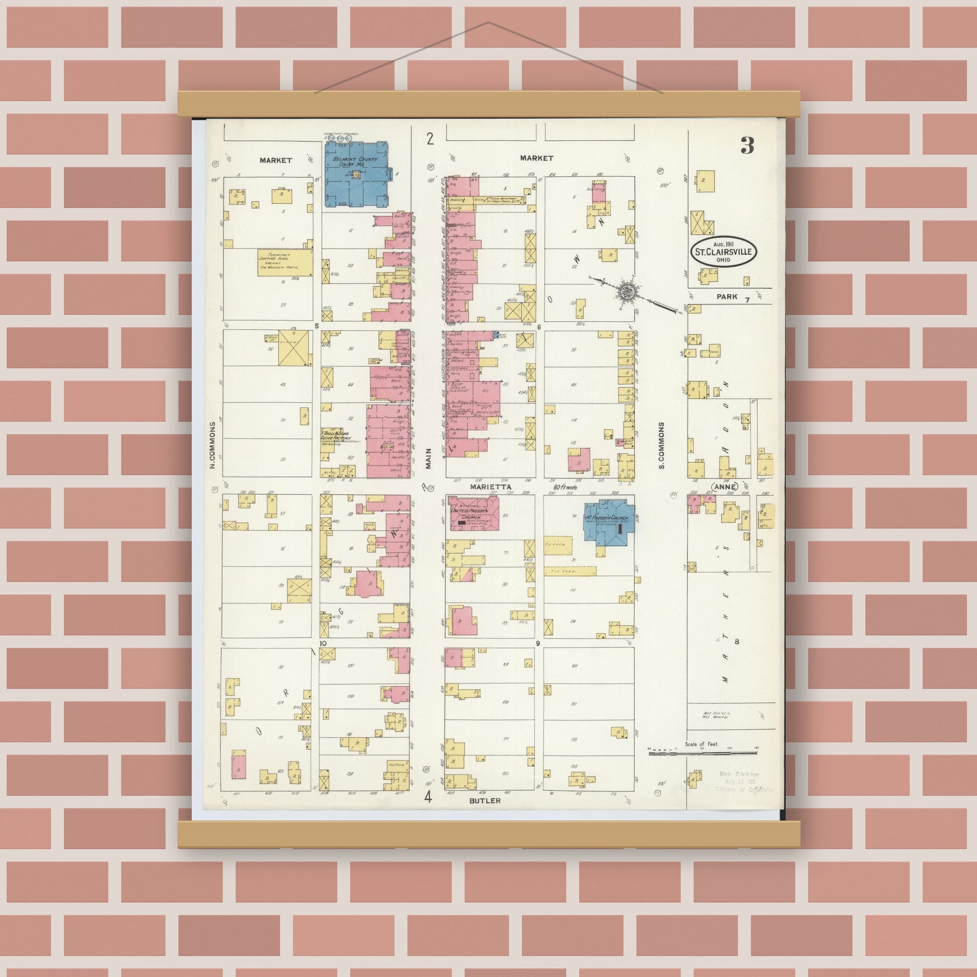 Old map wall art mockup — magnetic wood frame on brick wall — Sanborn Fire Insurance Map from Saint Clairsville, Belmont County, Ohio (1911), Sheet #0003