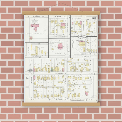 Old map wall art mockup — magnetic wood frame on brick wall — Sanborn Fire Insurance Map from Bloomington, McLean County, Illinois (1896), Sheet #0025