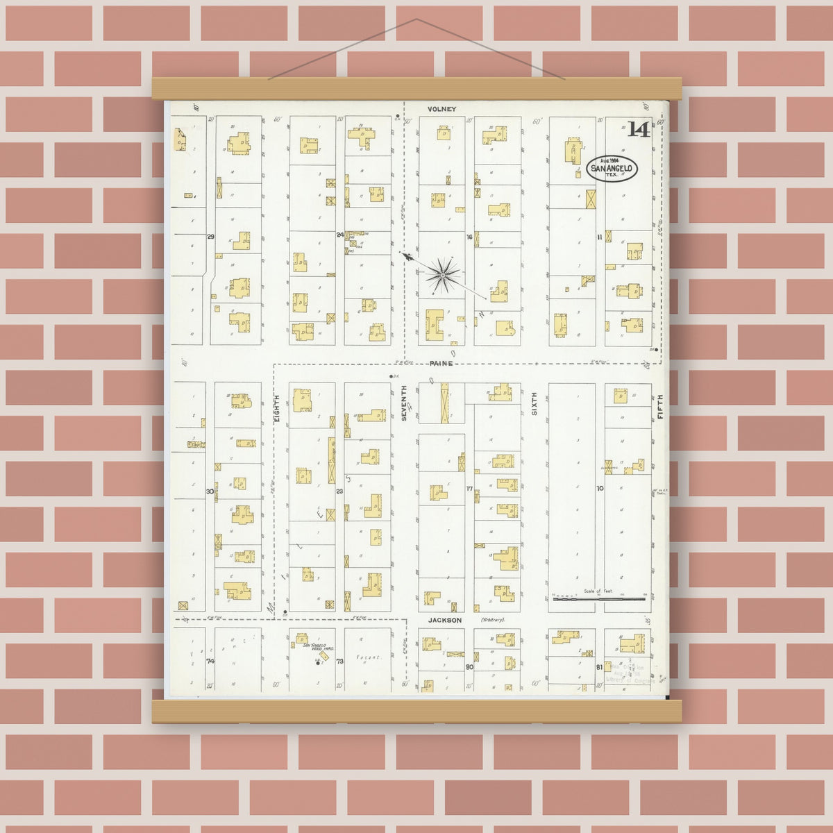Old map wall art mockup — magnetic wood frame on brick wall — Sanborn Fire Insurance Map from San Angelo, Tom Green County, Texas (1904), Sheet #0014