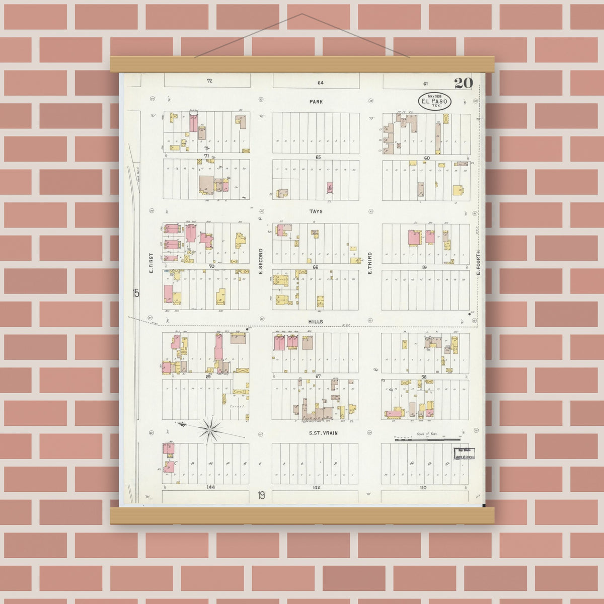 Old map wall art mockup — magnetic wood frame on brick wall — Sanborn Fire Insurance Map from El Paso, El Paso County, Texas (1898), Sheet #0020
