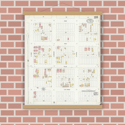 Old map wall art mockup — magnetic wood frame on brick wall — Sanborn Fire Insurance Map from El Paso, El Paso County, Texas (1898), Sheet #0020